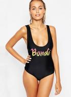 Oasap Letter Printed Slim Fit One Piece Swimsuit