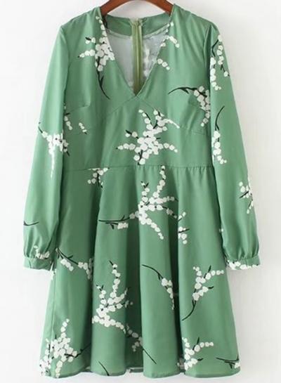 Oasap V Neck Long Sleeve Floral Pleated Dress