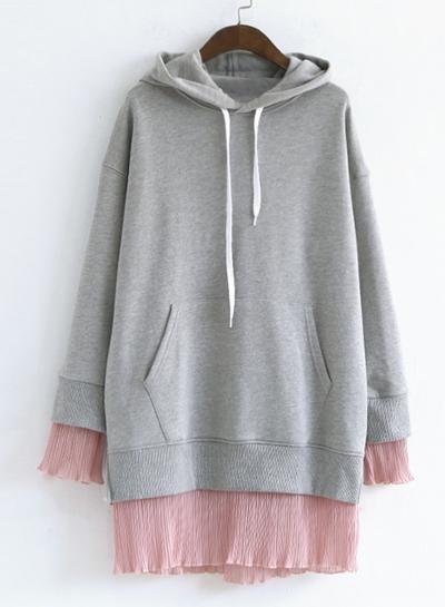 Oasap Long Sleeve Chiffon Splicing Solid Color Hoodie