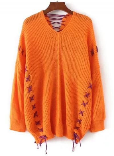 Oasap V Neck Long Sleeve Lace-up Loose Sweater