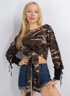 Oasap One Shoulder Long Sleeve Lace Up Camouflage Sweatshirt