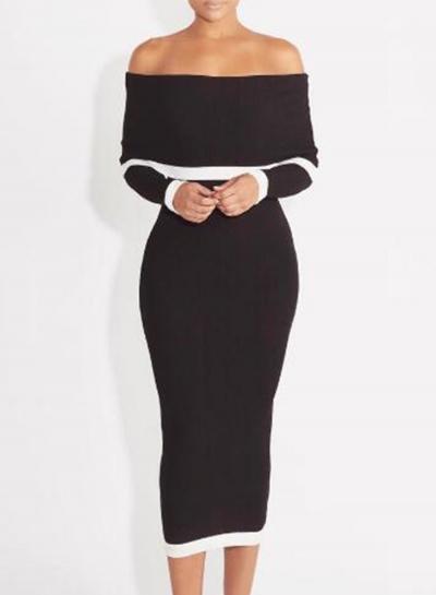 Oasap Off Shoulder Long Sleeve Ruffle Bodycon Midi Dress