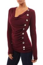 Oasap Chic Scoop Neck Button Decoration Knit Tee