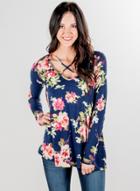 Oasap V Neck Long Sleeve Floral Printed Tee Shirt