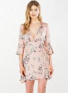 Oasap V Neck Flounce Sleeve Drawstring Waist Floral Print Dress