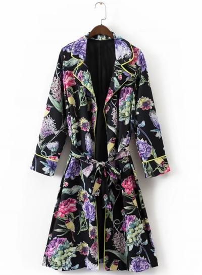 Oasap Birds Flowers Print Long Sleeve Trench Coat With Belt