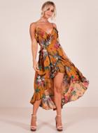 Oasap Irregular Floral Printed Spaghetti Strap Sleeveless V Neck Women Dress