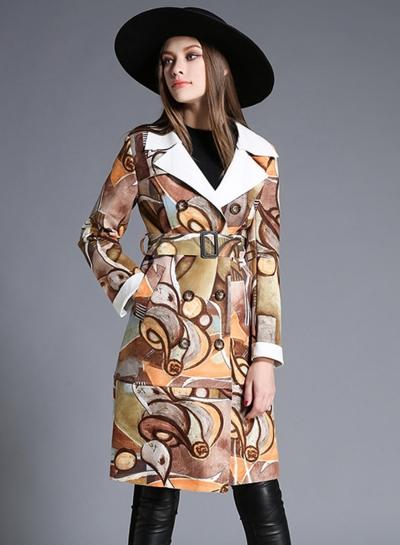 Oasap Fashion Double Breasted Printed Trench Coat With Belt