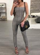 Oasap Fashion Sexy Plaid Sleeveless Spaghetti Strap Skinny Jumpsuits