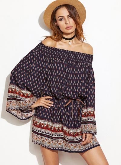 Oasap Off Shoulder Loose Fit Mini Dress With Belt