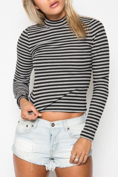 Oasap Classic Striped Mock Neck Ribbed Knit Tee