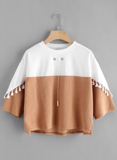 Oasap Round Neck Three Quarter Length Sleeve Tassels Decoration Tee Shirt