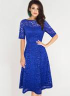 Oasap Short Sleeve Round Neck High Waist Lace Dress
