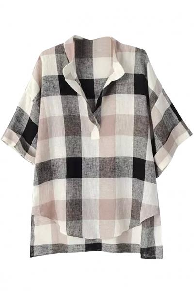 Oasap Appealing Plaid Print Half Sleeve Blouse