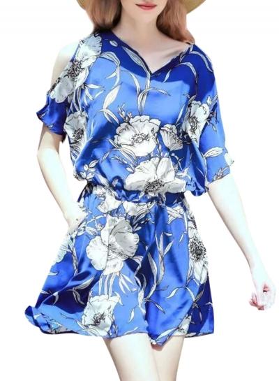 Oasap Women's V Neck Cold Shoulder Elastic Waist Floral Print Romper