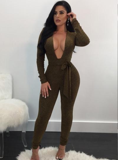 Oasap Fashion Deep V Neck Long Sleeve Skinny Fit Jumpsuit