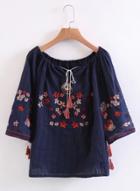Oasap Off Shoulder 3/4 Sleeve Floral Embroidery Blouse
