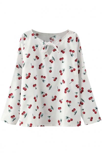 Oasap Sweet Cherry Printed Bowknot Neckline Blouse