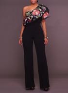 Oasap One Shoulder Flounce Hem Wide Leg Jumpsuits