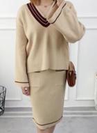 Oasap Fashion Striped V Neck 2 Piece Skirt Set