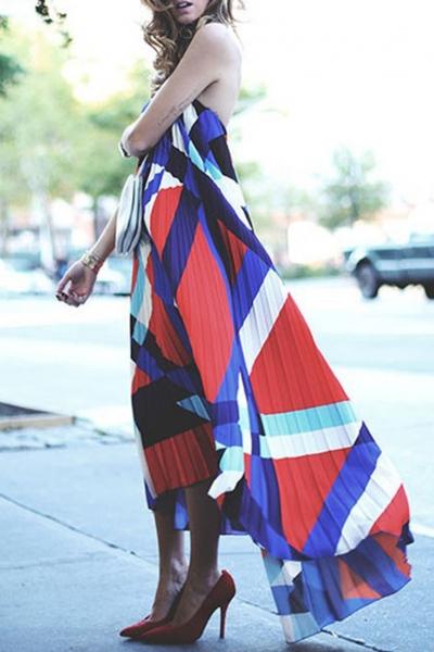 Oasap Modern Color Block Pleated Asymmetric Maxi Chiffon Dress