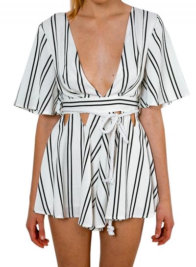Oasap Women's Deep V Neck Short Sleeve Tie Waist Striped Romper
