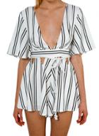 Oasap Women's Deep V Neck Short Sleeve Tie Waist Striped Romper