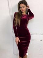 Oasap Round Neck Long Sleeve Solid Color Bodycon Dress