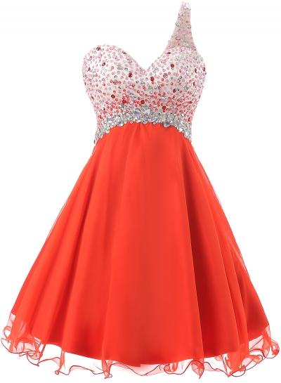 Oasap Women's Rhinestone Trim One Shoulder Scoop Back Cocktail Dress
