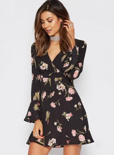 Oasap Floral V Neck Long Flare Sleeve A-line Dress