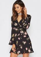 Oasap Floral V Neck Long Flare Sleeve A-line Dress
