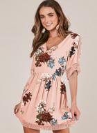 Oasap Bohemia Lace Joint Floral Printing Half Sleeve V Neck Dress