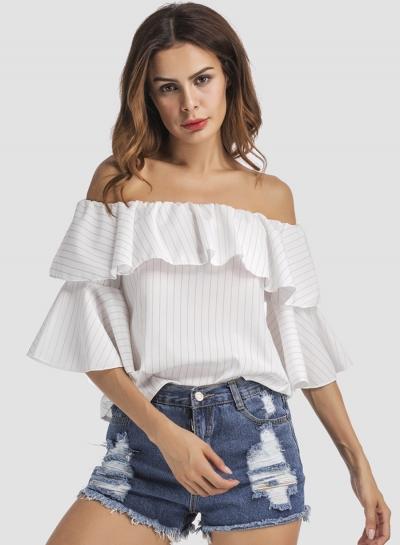 Oasap Slash Neck Flounce Hem Solid Blouses