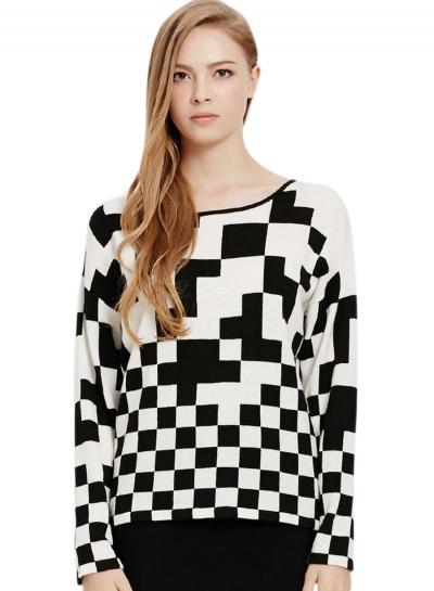 Oasap Women's Fashion Color Block Plaid Knit Sweater