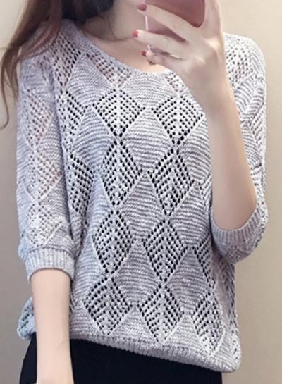 Oasap V Neck 3/4 Sleeve Hollow Out Knit Sweater