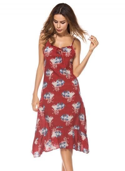 Oasap Casual Floral Spaghetti Strap Sleeveless Midi Dress