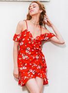 Oasap V Neck Off Shoulder Floral Irregular Dress