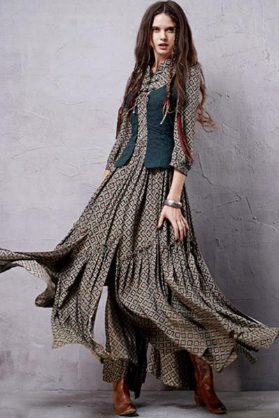 Oasap Vintage Print Lace-up Asymmetric False Two Pieces Dress
