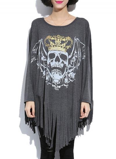 Oasap Long Batwing Sleeve Halloween Skull Irregular Tassel Tee