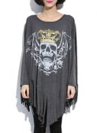 Oasap Long Batwing Sleeve Halloween Skull Irregular Tassel Tee