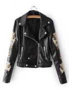 Oasap Turn Down Collar Long Sleeve Floral Embroidery Pu Jackets