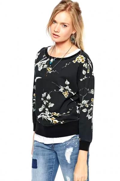 Oasap Wintersweet Print Black Sweatshirt