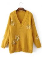 Oasap V Neck Floral Embroidery Long Sleeve Sweater