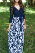 Oasap Vintage Ethnic Print V Neck Belted Maxi Dress