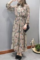 Oasap Chic Floral Print Button Front Elastic Waist Maxi Dress