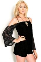 Oasap Black Off Shoulder Bell Sleeves Floral Lace Romper