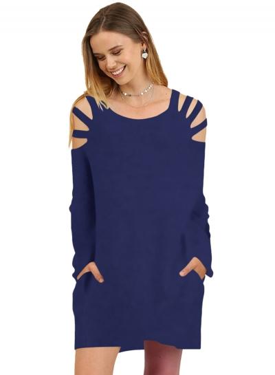 Oasap Solid Color Long Sleeve Hollow Out Pockets Dress