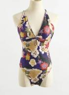 Oasap V Neck Floral Print One Piece Swimsuit