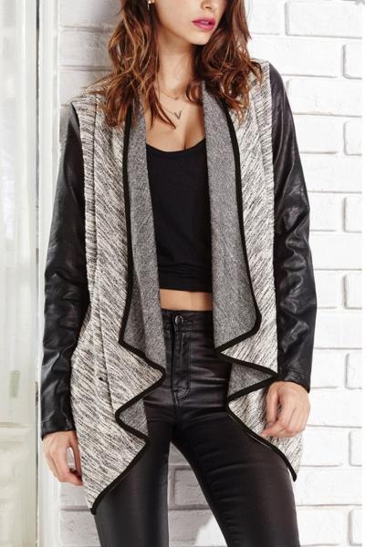 Oasap Chic Pu Sleeve Paneled Heathered Open Front Cardigan