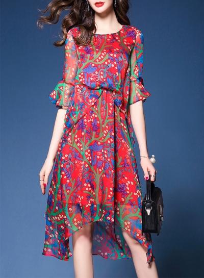 Oasap Fashion Flare Sleeve Irreuglar Floral Printed Dress